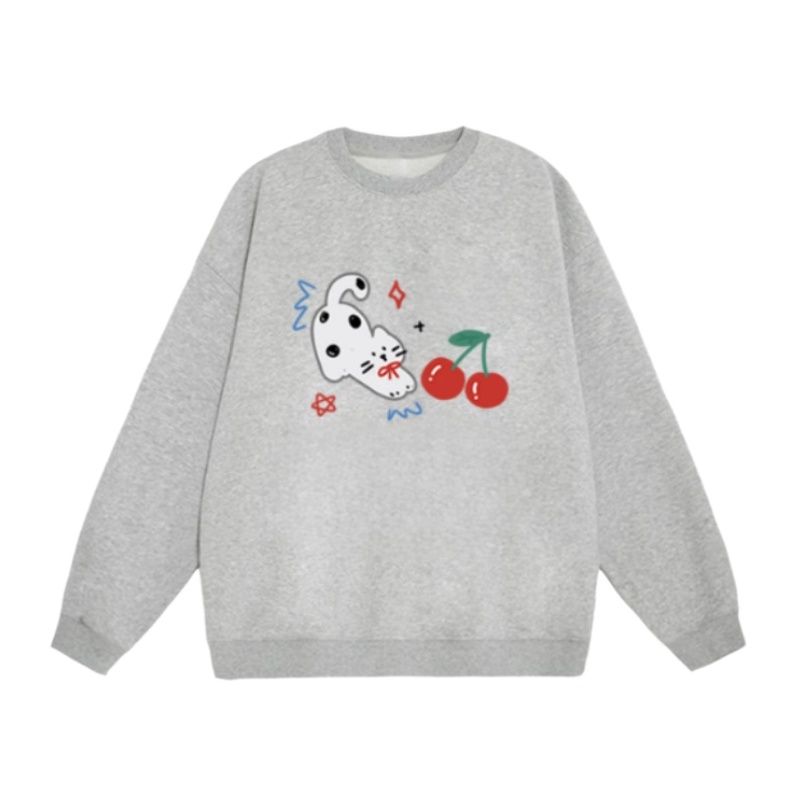Fun Cherry Cat Crewneck Sweatshirt — Grey